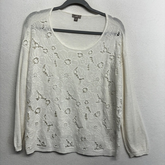 J Jill Knit Floral Sweater White Linen Blend L Petite Sheer - Picture 1 of 7